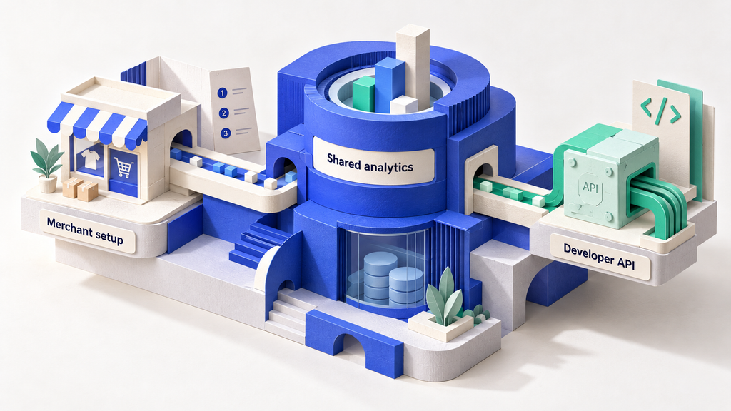 Architectural illustration showing merchant documentation and developer API integrations working together within one e-commerce analytics product.