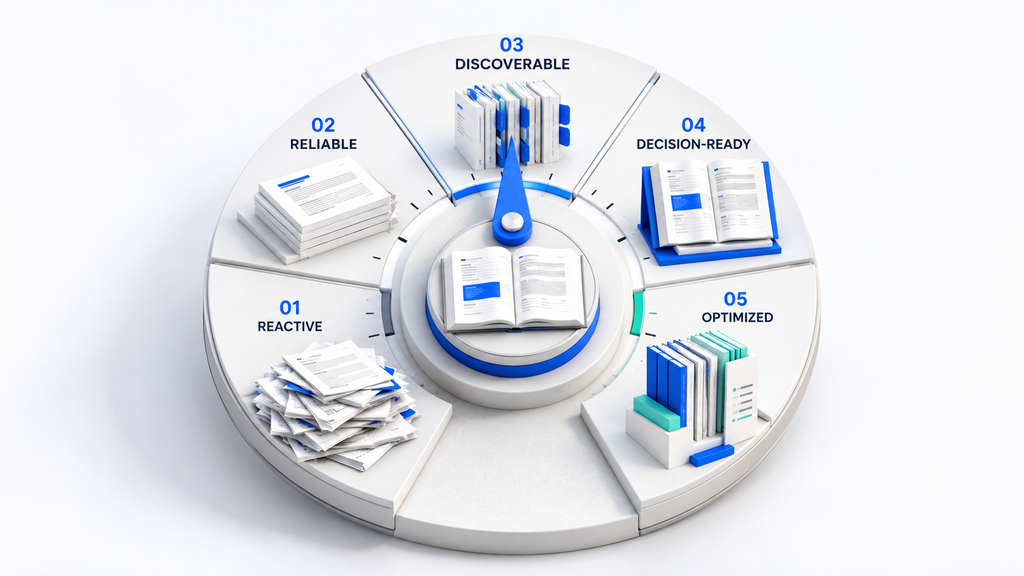 Circular documentation maturity assessment dial showing five levels from Reactive to Optimized.