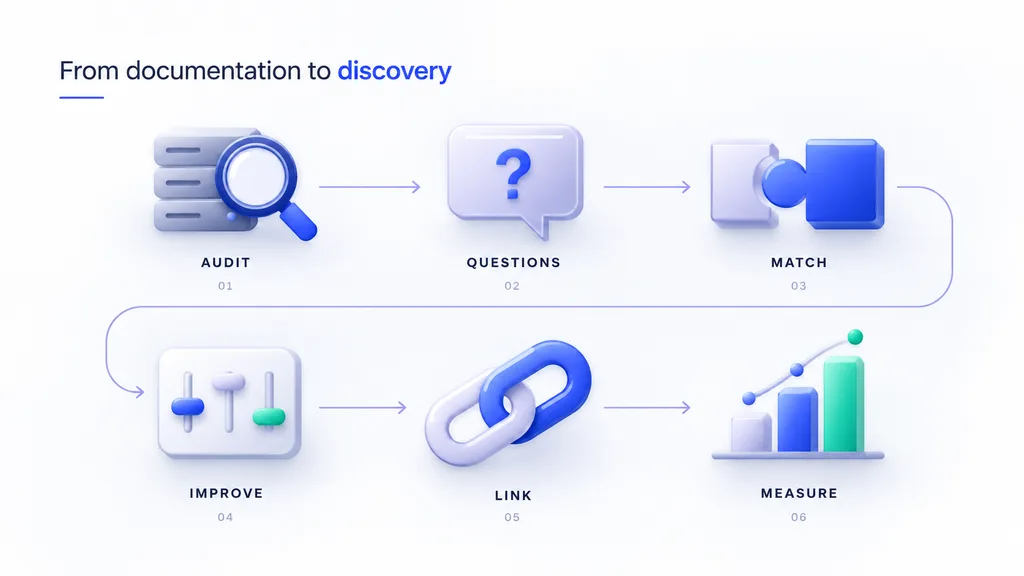 Six-step documentation-led growth process showing how software companies audit, identify questions, match, improve, link, and measure documentation to drive organic discovery.