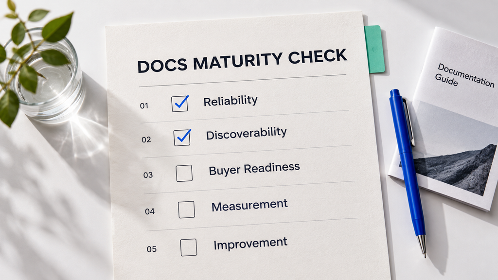 Documentation maturity assessment worksheet with five criteria for evaluating software documentation quality and growth readiness.