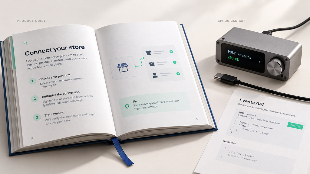 Product documentation guide and API quickstart illustrating the source material used in documentation-led and developer-led growth.
