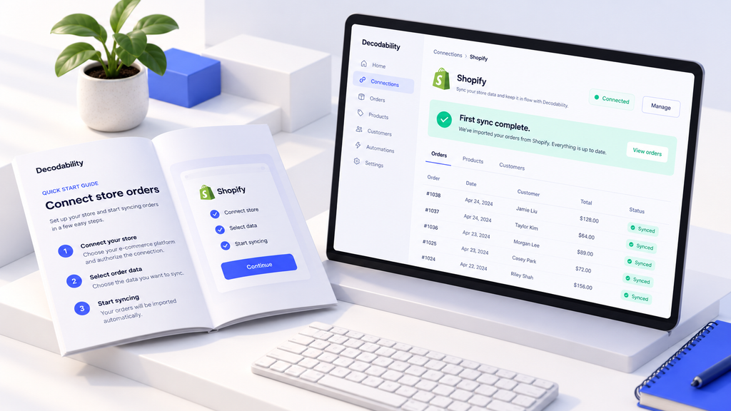 SaaS integration guide beside a laptop showing a successful order data sync, illustrating documentation-led and product-led growth working together.
